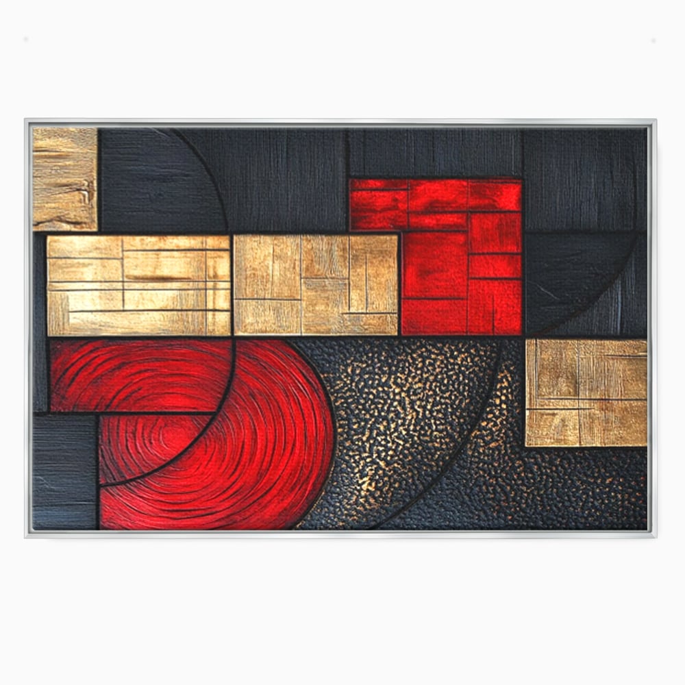 Tablou Canvas Premium, LuxCanva® C1306, Ordinea pasiunii, Geometrie, Culori, Abstract, Auriu, Rosu, Negru, Minimalism, Design, Cerc, Labirint, Dorinta, Expozitie, Arta, Birou, Living, Dormitor