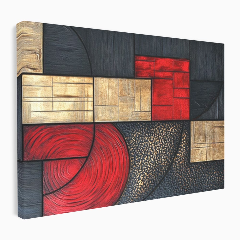 Tablou Canvas Premium, LuxCanva® C1306, Ordinea pasiunii, Geometrie, Culori, Abstract, Auriu, Rosu, Negru, Minimalism, Design, Cerc, Labirint, Dorinta, Expozitie, Arta, Birou, Living, Dormitor