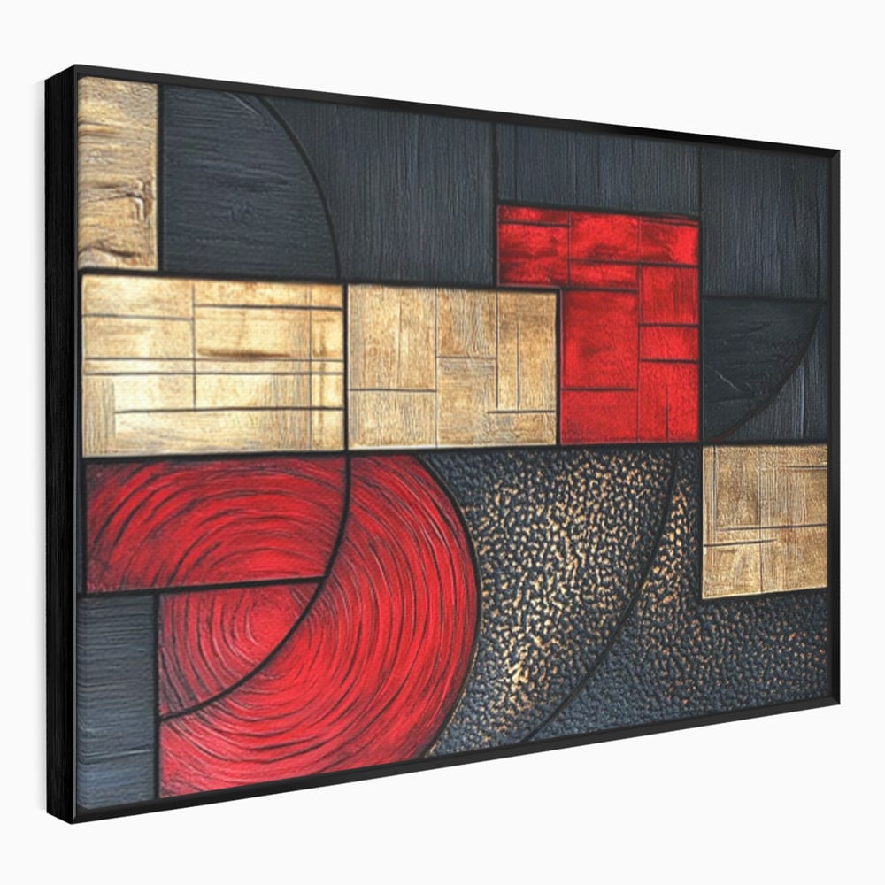 Tablou Canvas Premium, LuxCanva® C1306, Ordinea pasiunii, Geometrie, Culori, Abstract, Auriu, Rosu, Negru, Minimalism, Design, Cerc, Labirint, Dorinta, Expozitie, Arta, Birou, Living, Dormitor