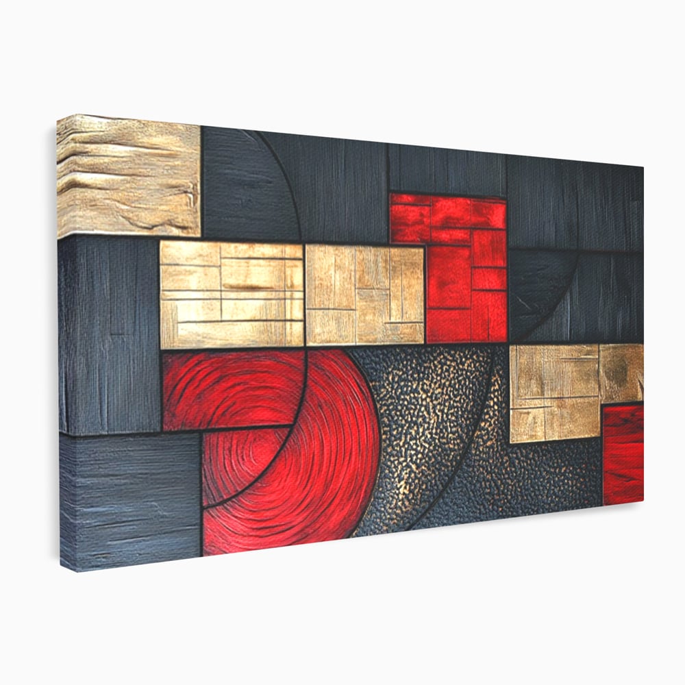 Tablou Canvas Premium, LuxCanva® C1306, Ordinea pasiunii, Geometrie, Culori, Abstract, Auriu, Rosu, Negru, Minimalism, Design, Cerc, Labirint, Dorinta, Expozitie, Arta, Birou, Living, Dormitor