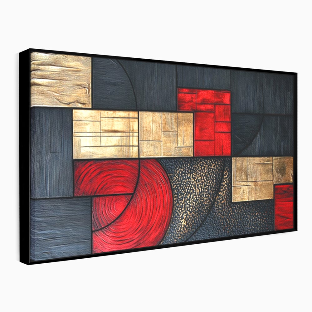 Tablou Canvas Premium, LuxCanva® C1306, Ordinea pasiunii, Geometrie, Culori, Abstract, Auriu, Rosu, Negru, Minimalism, Design, Cerc, Labirint, Dorinta, Expozitie, Arta, Birou, Living, Dormitor