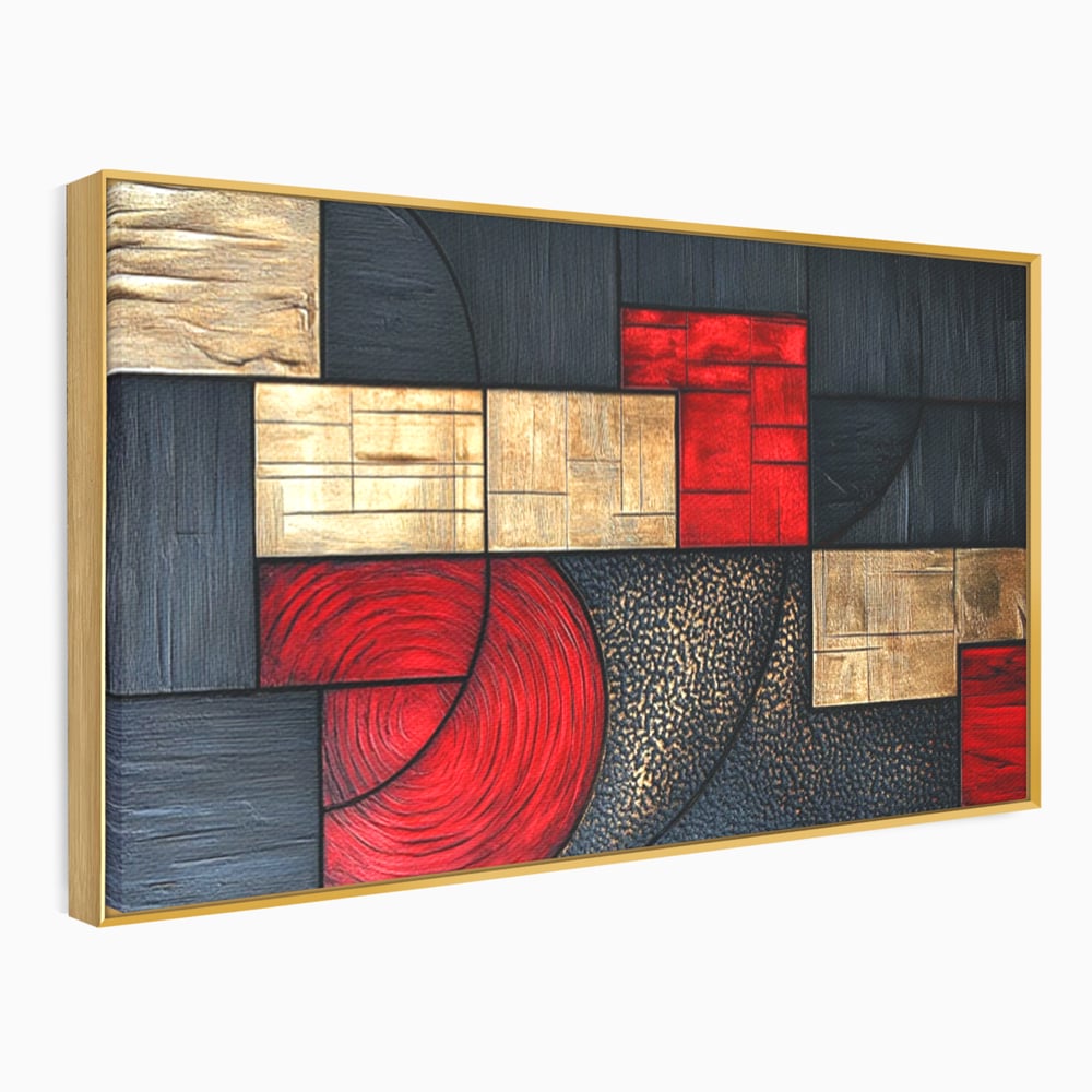 Tablou Canvas Premium, LuxCanva® C1306, Ordinea pasiunii, Geometrie, Culori, Abstract, Auriu, Rosu, Negru, Minimalism, Design, Cerc, Labirint, Dorinta, Expozitie, Arta, Birou, Living, Dormitor