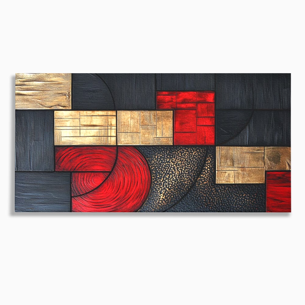 Tablou Canvas Premium, LuxCanva® C1306, Ordinea pasiunii, Geometrie, Culori, Abstract, Auriu, Rosu, Negru, Minimalism, Design, Cerc, Labirint, Dorinta, Expozitie, Arta, Birou, Living, Dormitor