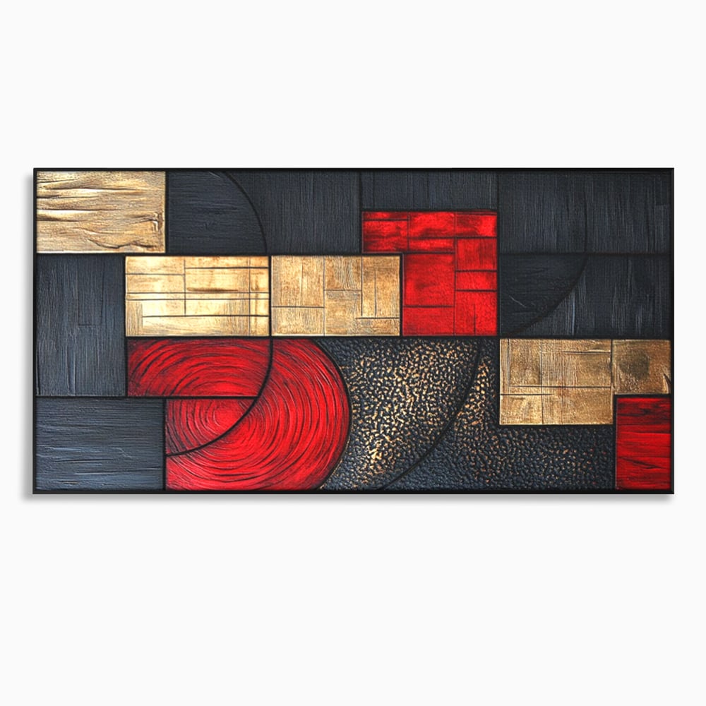 Tablou Canvas Premium, LuxCanva® C1306, Ordinea pasiunii, Geometrie, Culori, Abstract, Auriu, Rosu, Negru, Minimalism, Design, Cerc, Labirint, Dorinta, Expozitie, Arta, Birou, Living, Dormitor