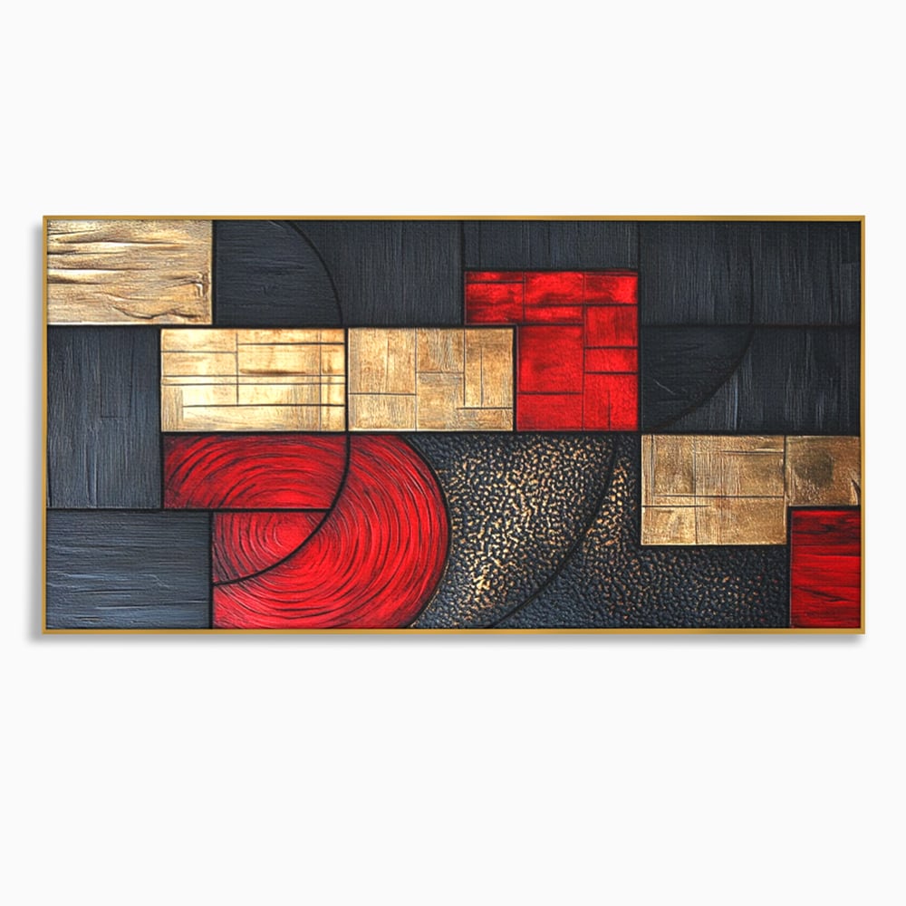 Tablou Canvas Premium, LuxCanva® C1306, Ordinea pasiunii, Geometrie, Culori, Abstract, Auriu, Rosu, Negru, Minimalism, Design, Cerc, Labirint, Dorinta, Expozitie, Arta, Birou, Living, Dormitor