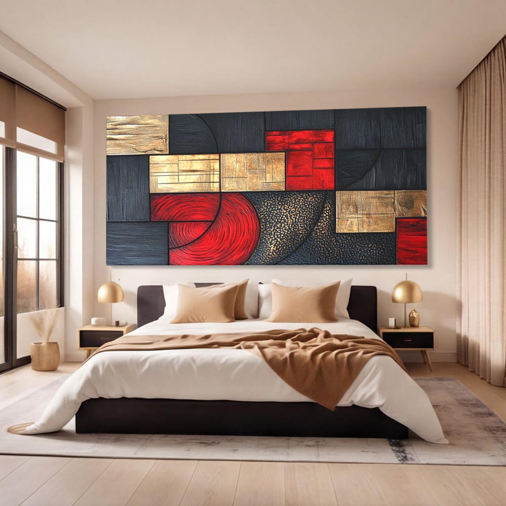 Tablou Canvas Premium, LuxCanva® C1306, Ordinea pasiunii, Geometrie, Culori, Abstract, Auriu, Rosu, Negru, Minimalism, Design, Cerc, Labirint, Dorinta, Expozitie, Arta, Birou, Living, Dormitor