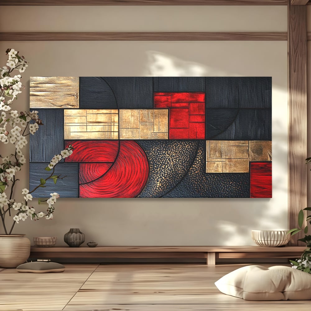 Tablou Canvas Premium, LuxCanva® C1306, Ordinea pasiunii, Geometrie, Culori, Abstract, Auriu, Rosu, Negru, Minimalism, Design, Cerc, Labirint, Dorinta, Expozitie, Arta, Birou, Living, Dormitor