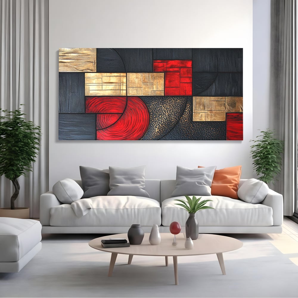 Tablou Canvas Premium, LuxCanva® C1306, Ordinea pasiunii, Geometrie, Culori, Abstract, Auriu, Rosu, Negru, Minimalism, Design, Cerc, Labirint, Dorinta, Expozitie, Arta, Birou, Living, Dormitor