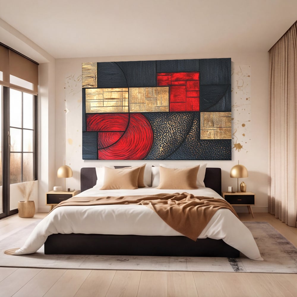 Tablou Canvas Premium, LuxCanva® C1306, Ordinea pasiunii, Geometrie, Culori, Abstract, Auriu, Rosu, Negru, Minimalism, Design, Cerc, Labirint, Dorinta, Expozitie, Arta, Birou, Living, Dormitor