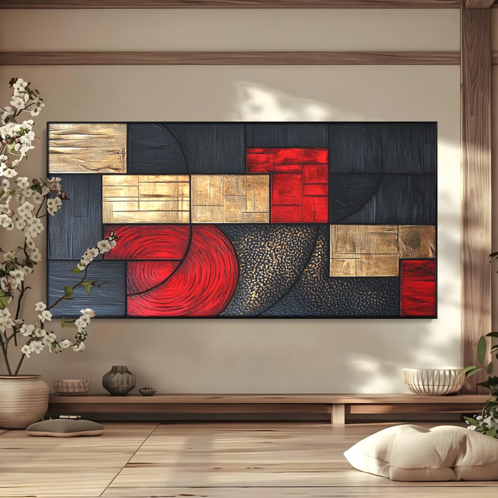 Tablou Canvas Premium, LuxCanva® C1306, Ordinea pasiunii, Geometrie, Culori, Abstract, Auriu, Rosu, Negru, Minimalism, Design, Cerc, Labirint, Dorinta, Expozitie, Arta, Birou, Living, Dormitor