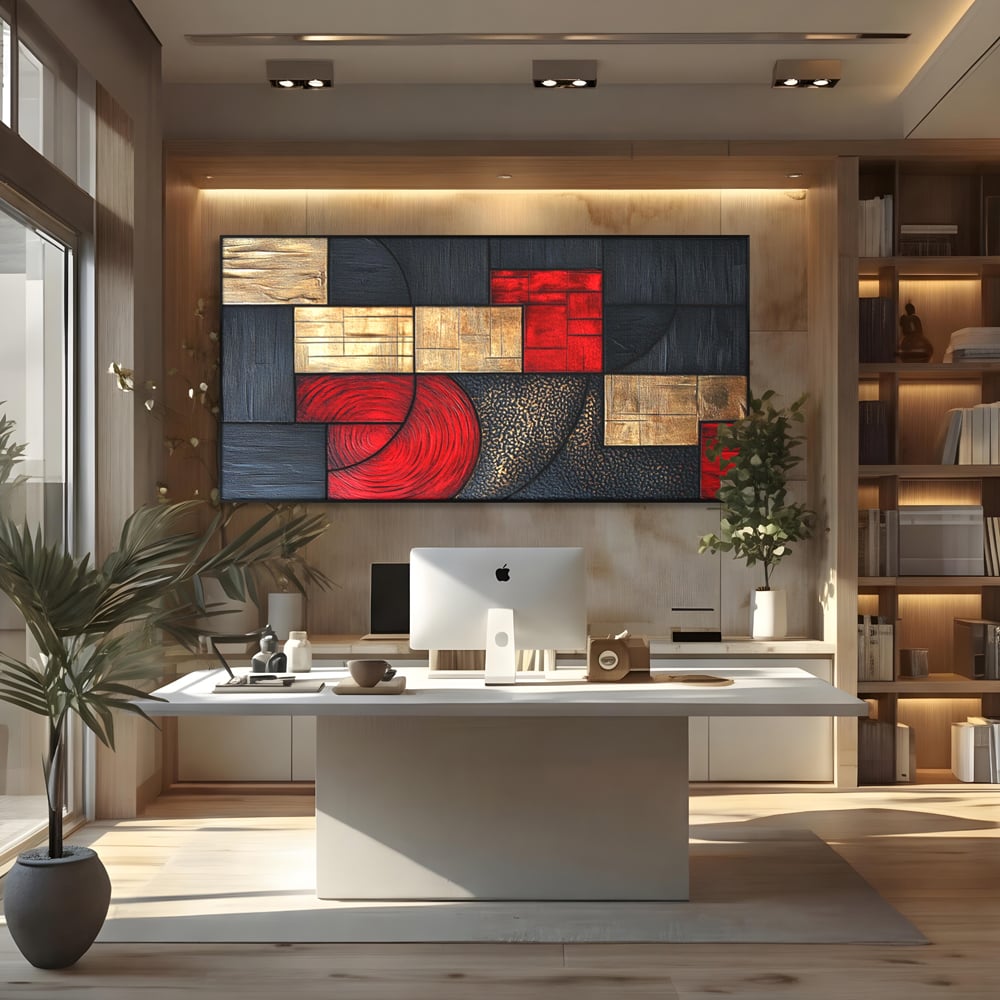 Tablou Canvas Premium, LuxCanva® C1306, Ordinea pasiunii, Geometrie, Culori, Abstract, Auriu, Rosu, Negru, Minimalism, Design, Cerc, Labirint, Dorinta, Expozitie, Arta, Birou, Living, Dormitor