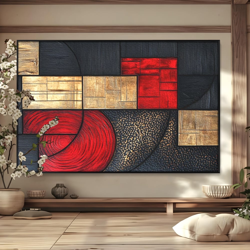 Tablou Canvas Premium, LuxCanva® C1306, Ordinea pasiunii, Geometrie, Culori, Abstract, Auriu, Rosu, Negru, Minimalism, Design, Cerc, Labirint, Dorinta, Expozitie, Arta, Birou, Living, Dormitor