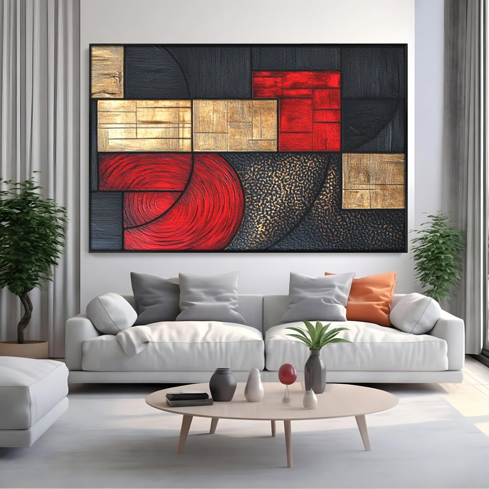 Tablou Canvas Premium, LuxCanva® C1306, Ordinea pasiunii, Geometrie, Culori, Abstract, Auriu, Rosu, Negru, Minimalism, Design, Cerc, Labirint, Dorinta, Expozitie, Arta, Birou, Living, Dormitor