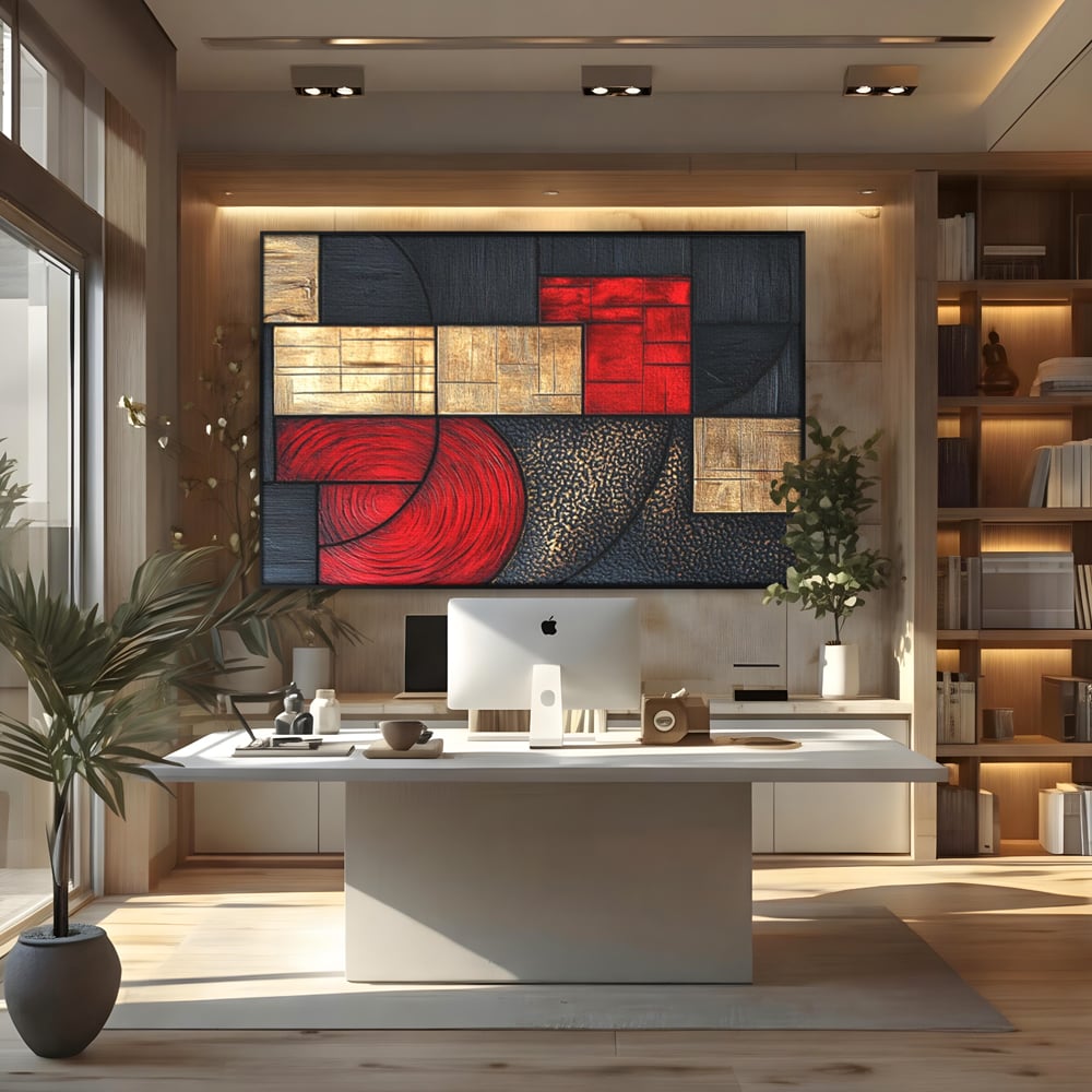 Tablou Canvas Premium, LuxCanva® C1306, Ordinea pasiunii, Geometrie, Culori, Abstract, Auriu, Rosu, Negru, Minimalism, Design, Cerc, Labirint, Dorinta, Expozitie, Arta, Birou, Living, Dormitor