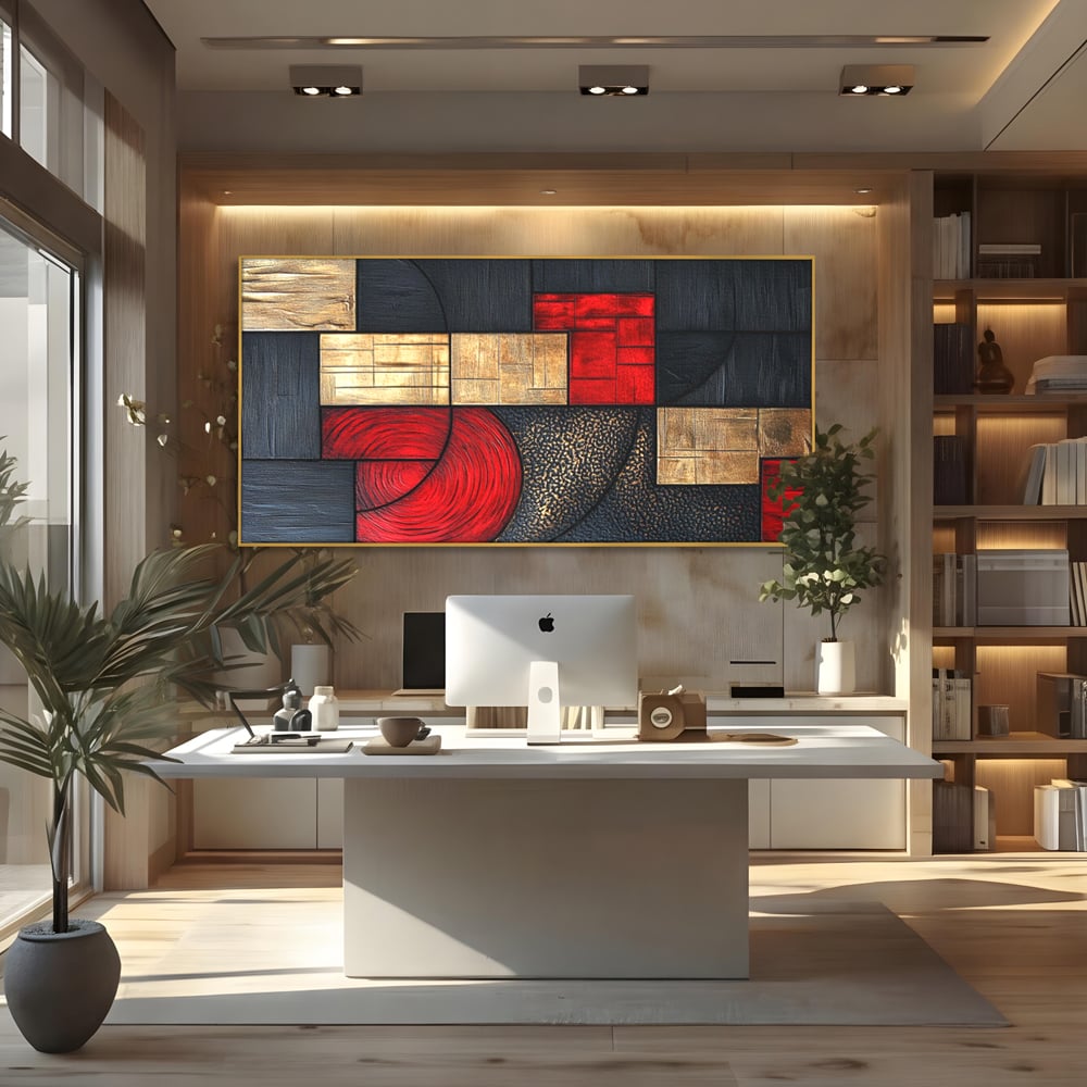 Tablou Canvas Premium, LuxCanva® C1306, Ordinea pasiunii, Geometrie, Culori, Abstract, Auriu, Rosu, Negru, Minimalism, Design, Cerc, Labirint, Dorinta, Expozitie, Arta, Birou, Living, Dormitor