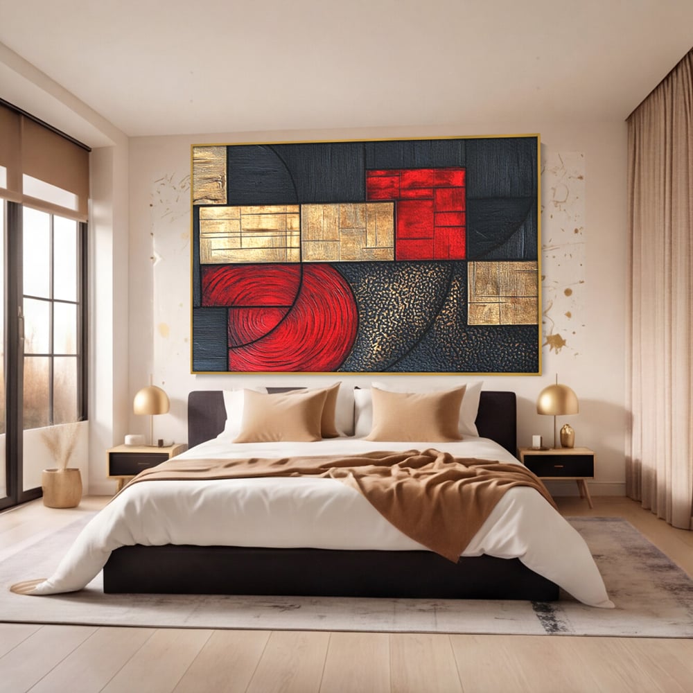 Tablou Canvas Premium, LuxCanva® C1306, Ordinea pasiunii, Geometrie, Culori, Abstract, Auriu, Rosu, Negru, Minimalism, Design, Cerc, Labirint, Dorinta, Expozitie, Arta, Birou, Living, Dormitor