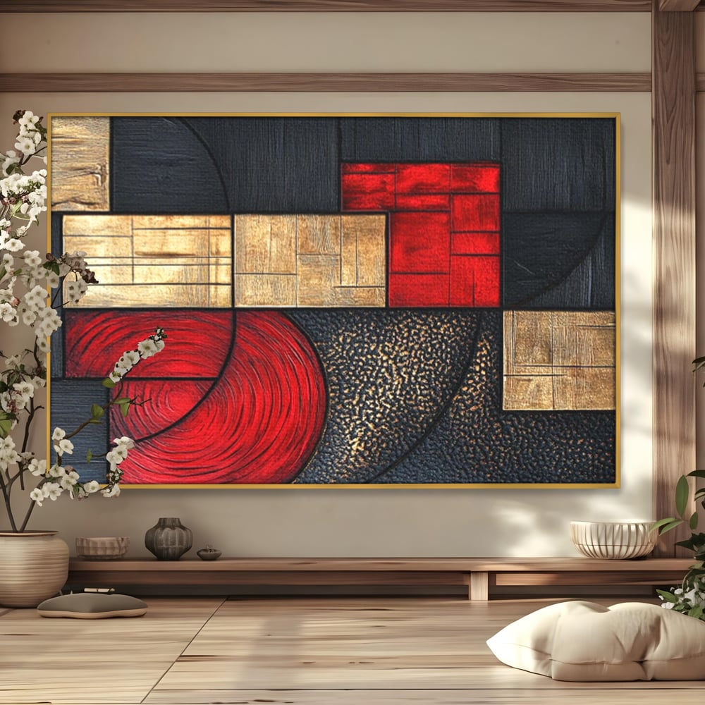 Tablou Canvas Premium, LuxCanva® C1306, Ordinea pasiunii, Geometrie, Culori, Abstract, Auriu, Rosu, Negru, Minimalism, Design, Cerc, Labirint, Dorinta, Expozitie, Arta, Birou, Living, Dormitor