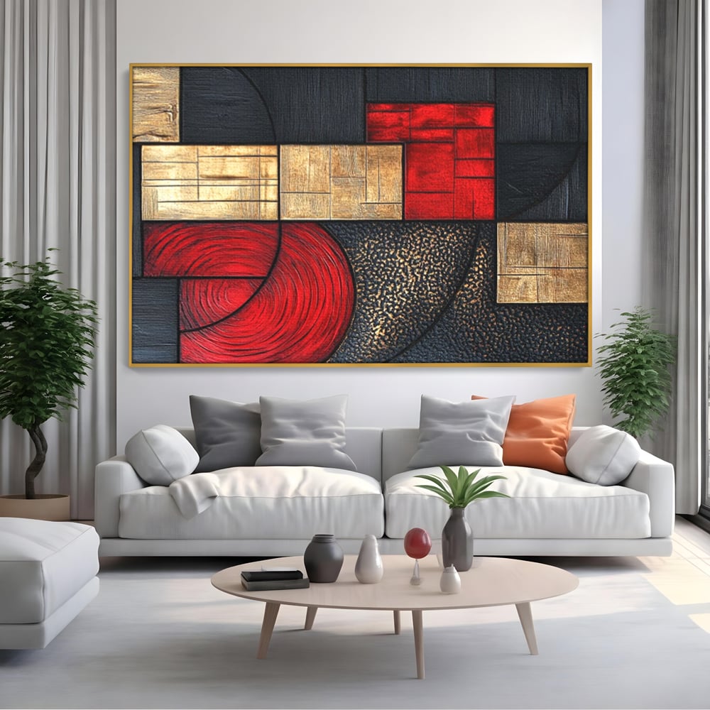 Tablou Canvas Premium, LuxCanva® C1306, Ordinea pasiunii, Geometrie, Culori, Abstract, Auriu, Rosu, Negru, Minimalism, Design, Cerc, Labirint, Dorinta, Expozitie, Arta, Birou, Living, Dormitor