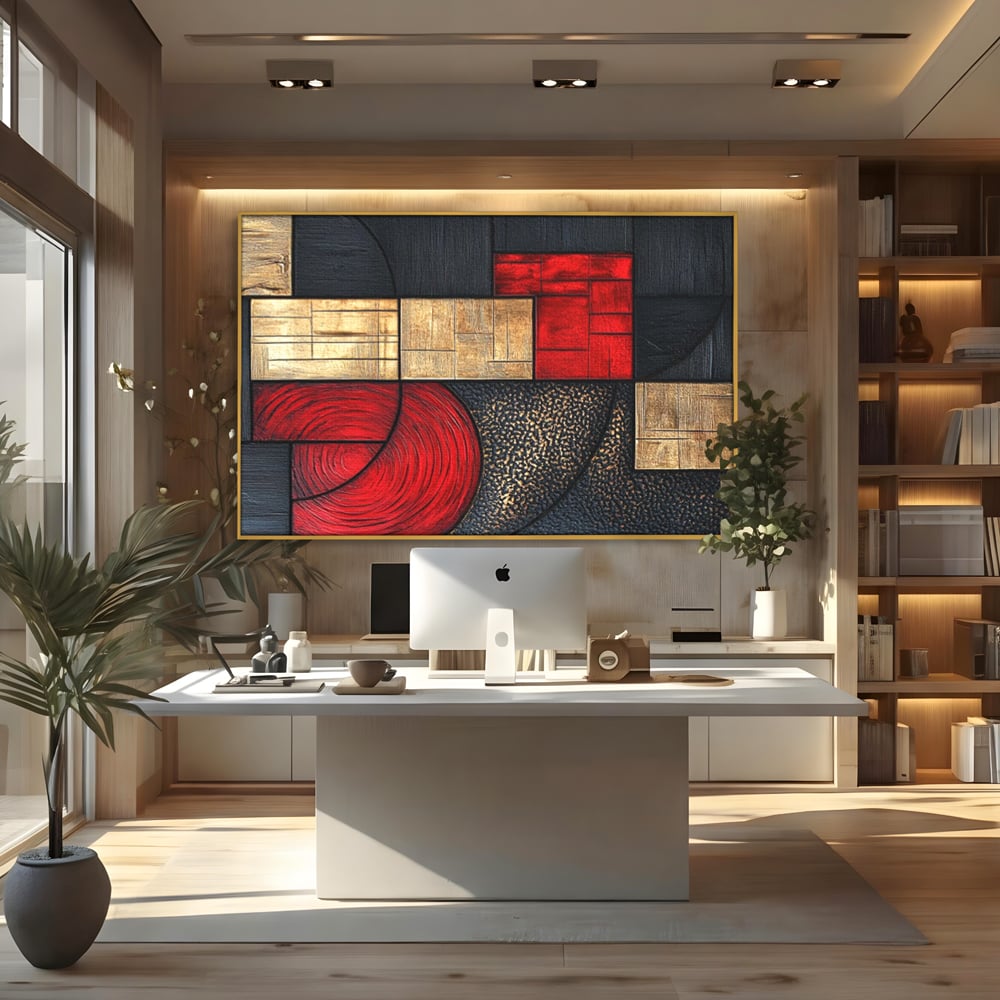 Tablou Canvas Premium, LuxCanva® C1306, Ordinea pasiunii, Geometrie, Culori, Abstract, Auriu, Rosu, Negru, Minimalism, Design, Cerc, Labirint, Dorinta, Expozitie, Arta, Birou, Living, Dormitor