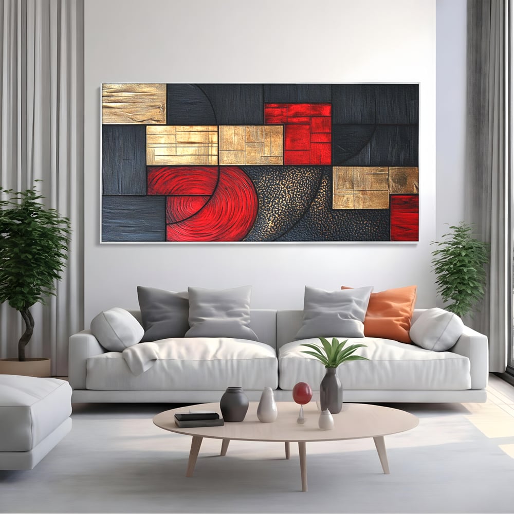 Tablou Canvas Premium, LuxCanva® C1306, Ordinea pasiunii, Geometrie, Culori, Abstract, Auriu, Rosu, Negru, Minimalism, Design, Cerc, Labirint, Dorinta, Expozitie, Arta, Birou, Living, Dormitor