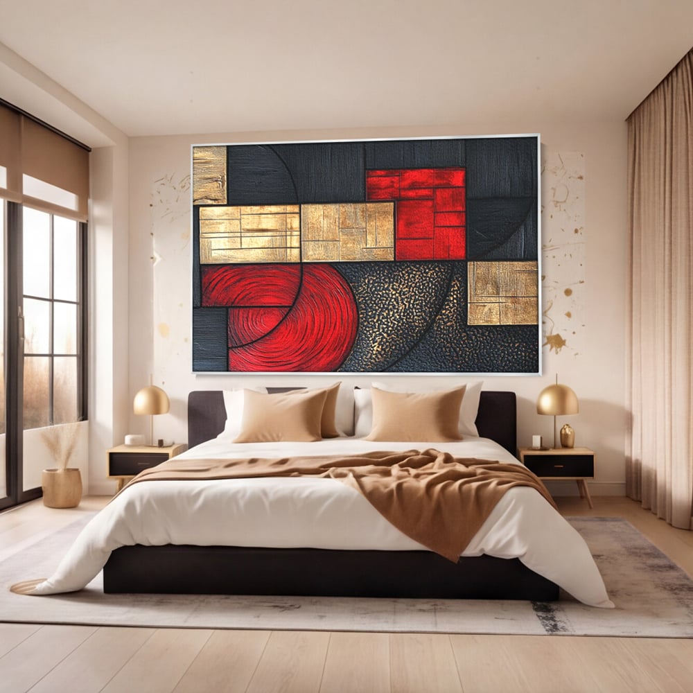 Tablou Canvas Premium, LuxCanva® C1306, Ordinea pasiunii, Geometrie, Culori, Abstract, Auriu, Rosu, Negru, Minimalism, Design, Cerc, Labirint, Dorinta, Expozitie, Arta, Birou, Living, Dormitor