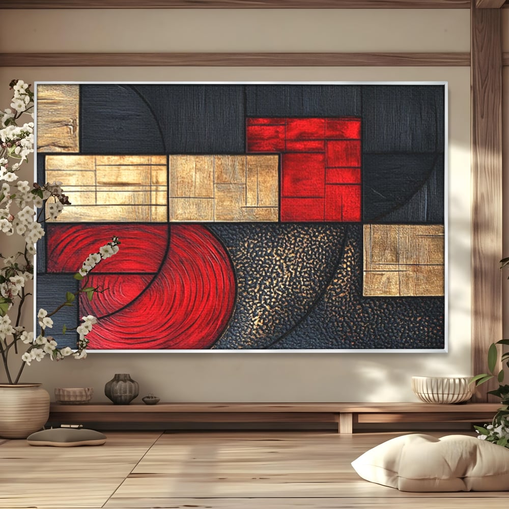 Tablou Canvas Premium, LuxCanva® C1306, Ordinea pasiunii, Geometrie, Culori, Abstract, Auriu, Rosu, Negru, Minimalism, Design, Cerc, Labirint, Dorinta, Expozitie, Arta, Birou, Living, Dormitor
