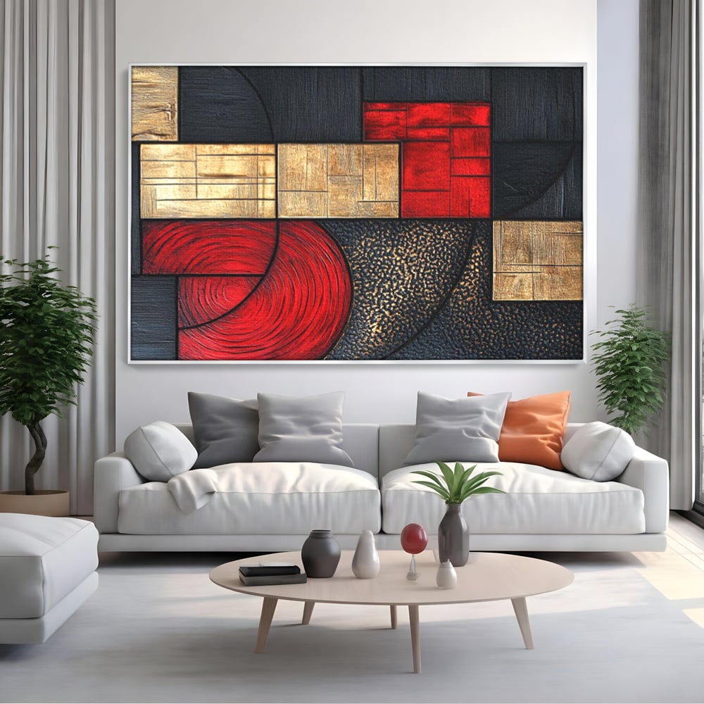 Tablou Canvas Premium, LuxCanva® C1306, Ordinea pasiunii, Geometrie, Culori, Abstract, Auriu, Rosu, Negru, Minimalism, Design, Cerc, Labirint, Dorinta, Expozitie, Arta, Birou, Living, Dormitor