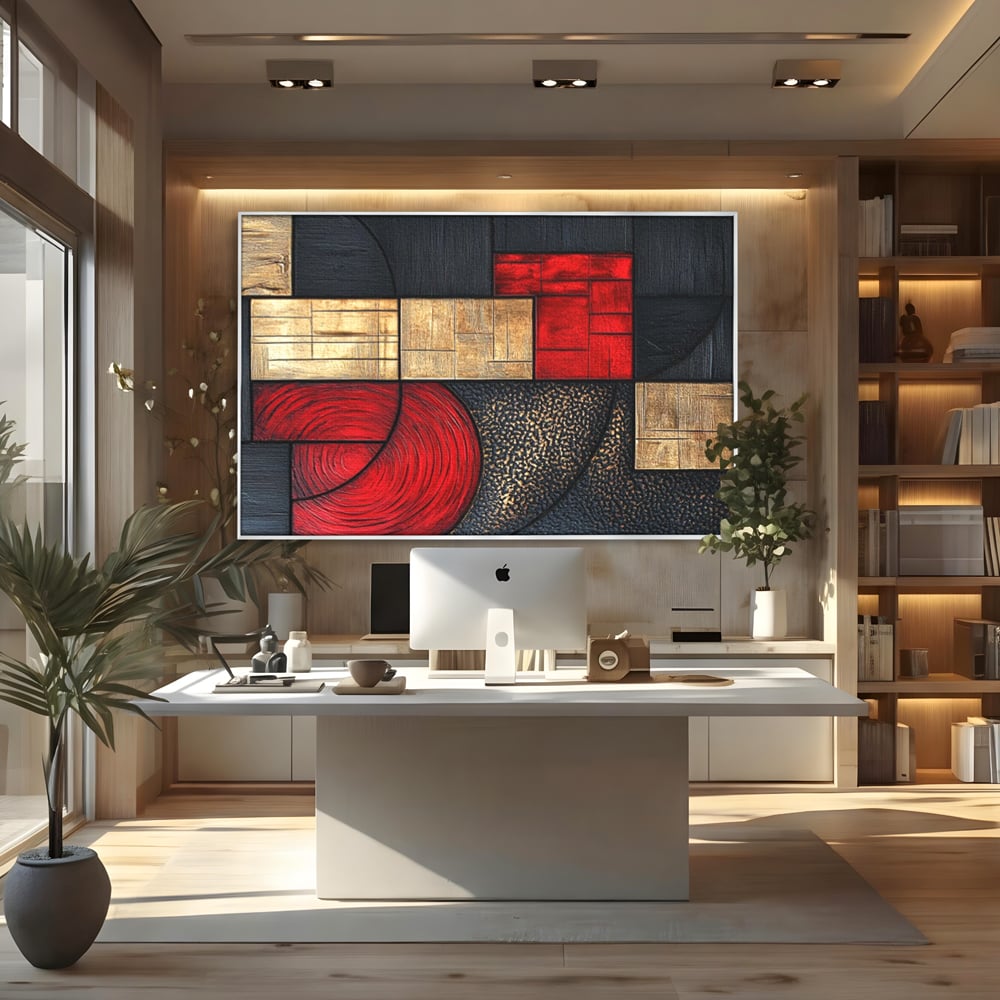 Tablou Canvas Premium, LuxCanva® C1306, Ordinea pasiunii, Geometrie, Culori, Abstract, Auriu, Rosu, Negru, Minimalism, Design, Cerc, Labirint, Dorinta, Expozitie, Arta, Birou, Living, Dormitor