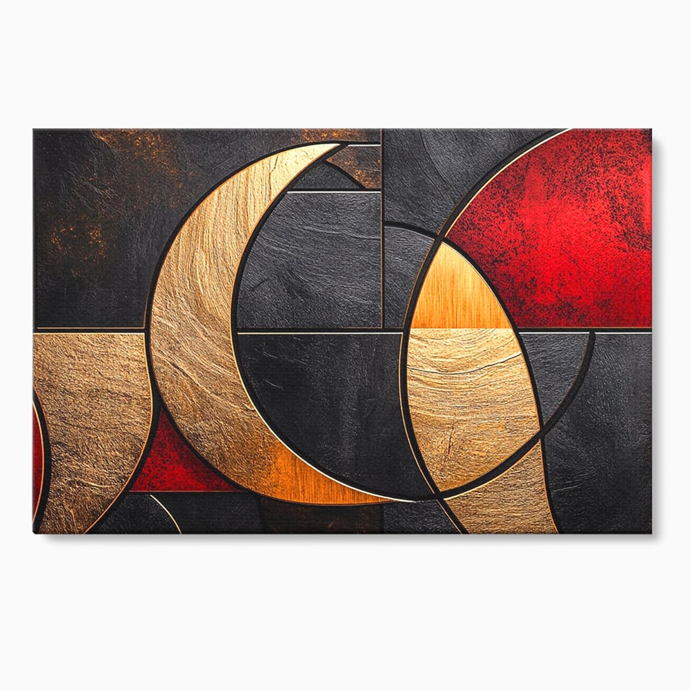 Tablou Canvas Premium, LuxCanva® C1307, Aurul Noptii, Geometrie, Culori, Abstract, Auriu, Cerc, Arc, Linii, Rosu, Asimetrie, Colectie, Galerie, Expresiv, Premium, Visare, Birou, Living, Dormitor