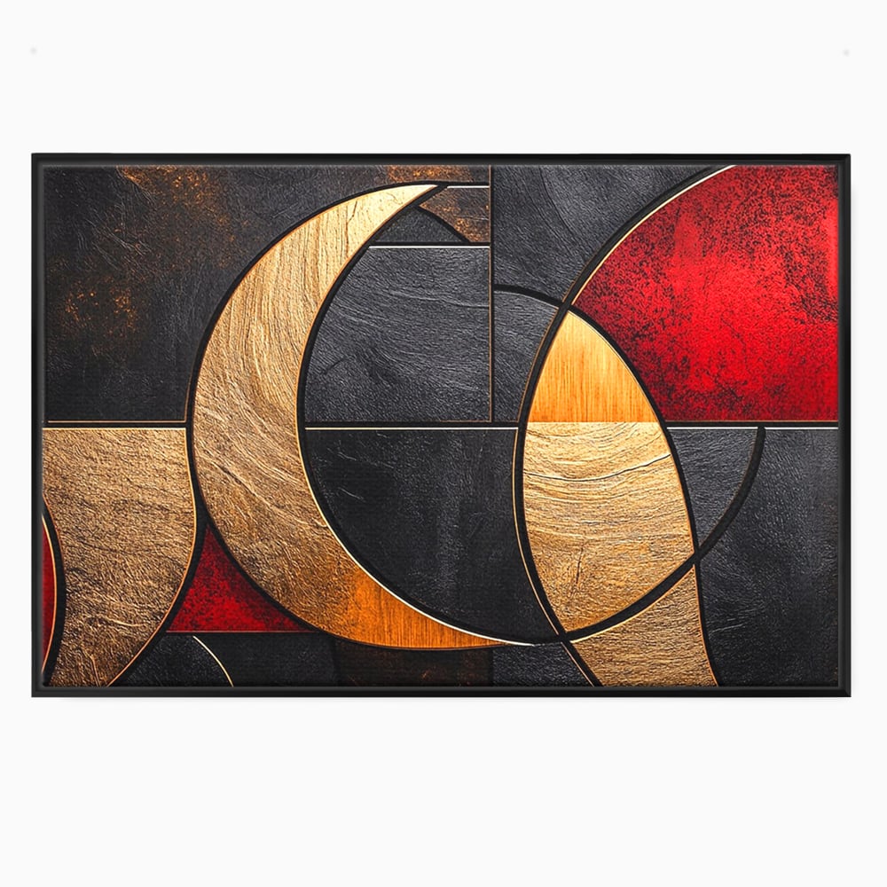 Tablou Canvas Premium, LuxCanva® C1307, Aurul Noptii, Geometrie, Culori, Abstract, Auriu, Cerc, Arc, Linii, Rosu, Asimetrie, Colectie, Galerie, Expresiv, Premium, Visare, Birou, Living, Dormitor