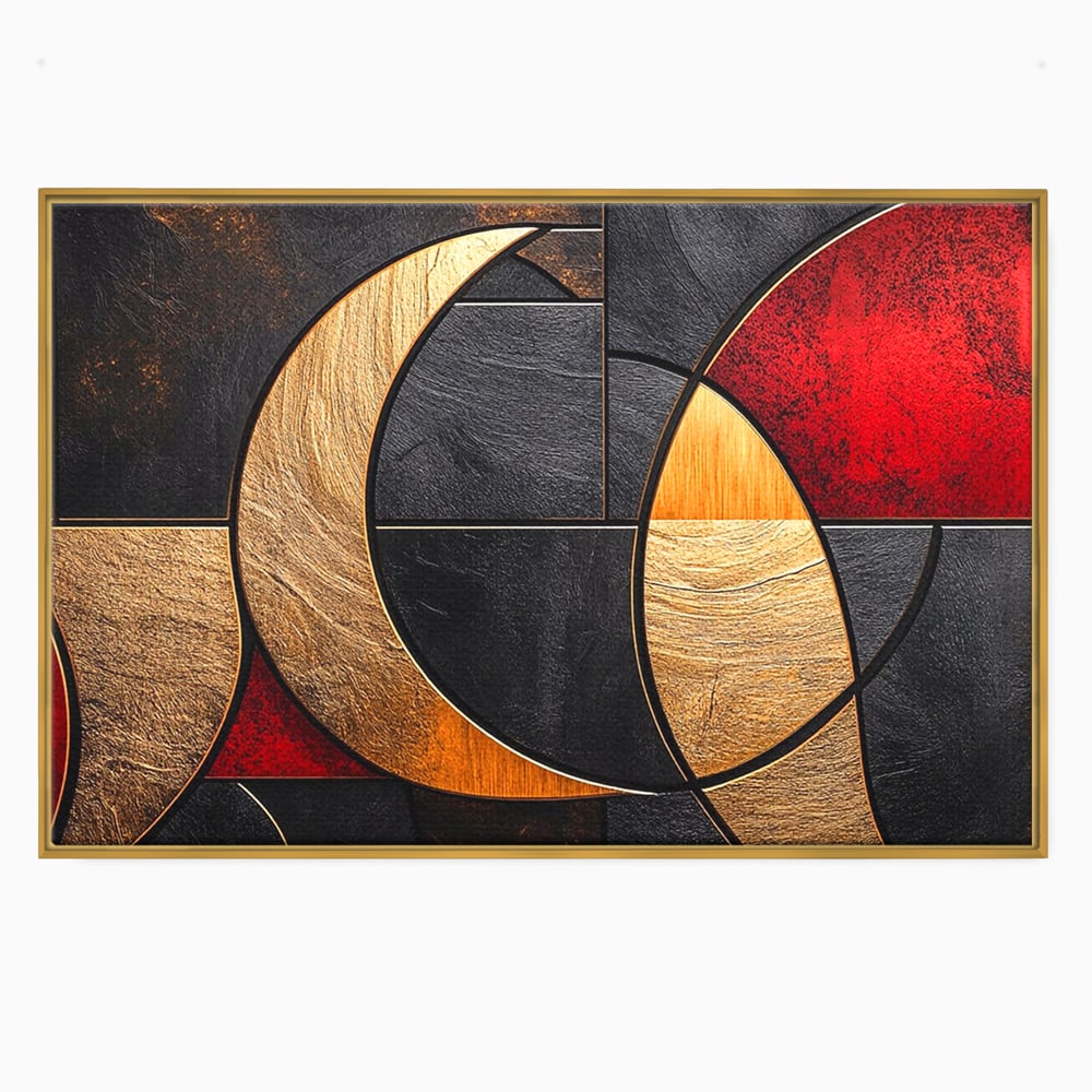 Tablou Canvas Premium, LuxCanva® C1307, Aurul Noptii, Geometrie, Culori, Abstract, Auriu, Cerc, Arc, Linii, Rosu, Asimetrie, Colectie, Galerie, Expresiv, Premium, Visare, Birou, Living, Dormitor
