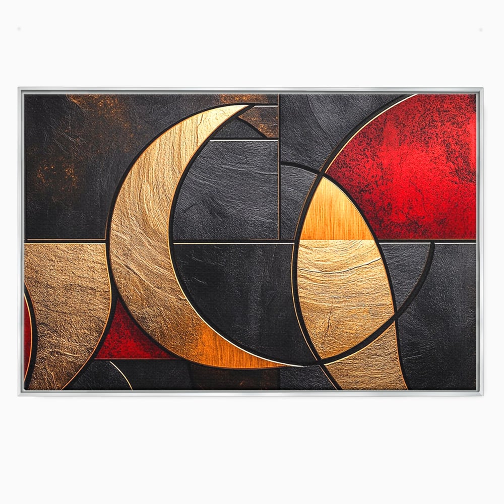 Tablou Canvas Premium, LuxCanva® C1307, Aurul Noptii, Geometrie, Culori, Abstract, Auriu, Cerc, Arc, Linii, Rosu, Asimetrie, Colectie, Galerie, Expresiv, Premium, Visare, Birou, Living, Dormitor