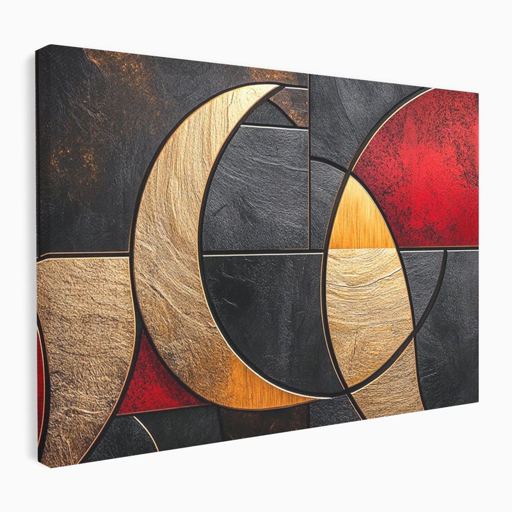 Tablou Canvas Premium, LuxCanva® C1307, Aurul Noptii, Geometrie, Culori, Abstract, Auriu, Cerc, Arc, Linii, Rosu, Asimetrie, Colectie, Galerie, Expresiv, Premium, Visare, Birou, Living, Dormitor