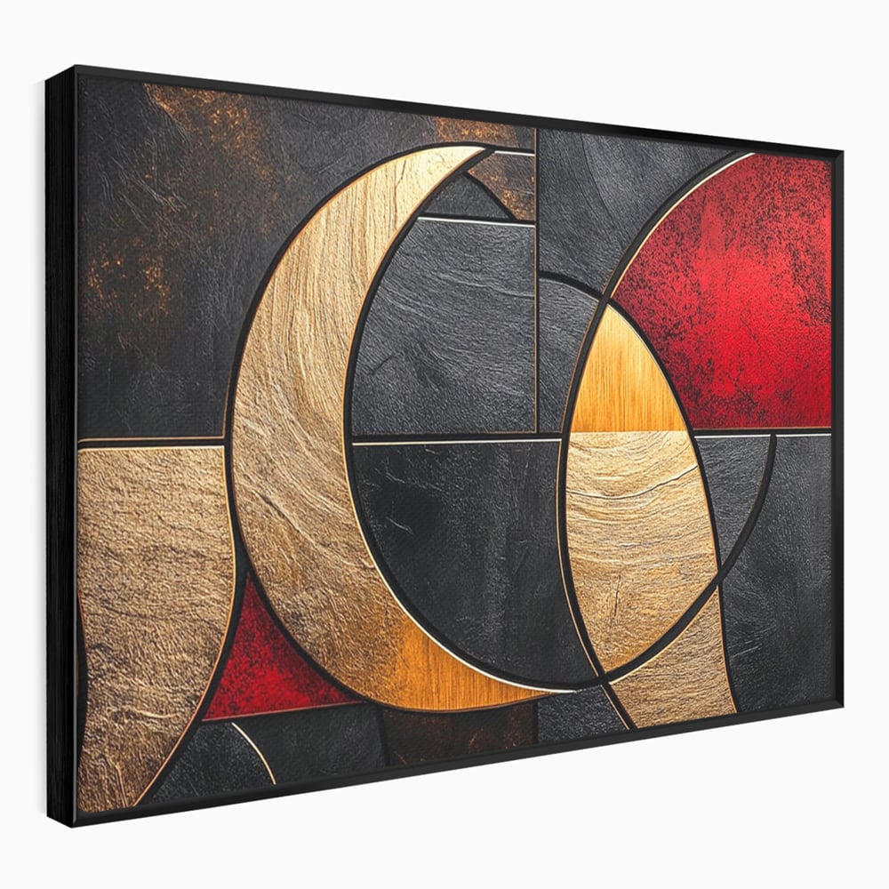 Tablou Canvas Premium, LuxCanva® C1307, Aurul Noptii, Geometrie, Culori, Abstract, Auriu, Cerc, Arc, Linii, Rosu, Asimetrie, Colectie, Galerie, Expresiv, Premium, Visare, Birou, Living, Dormitor