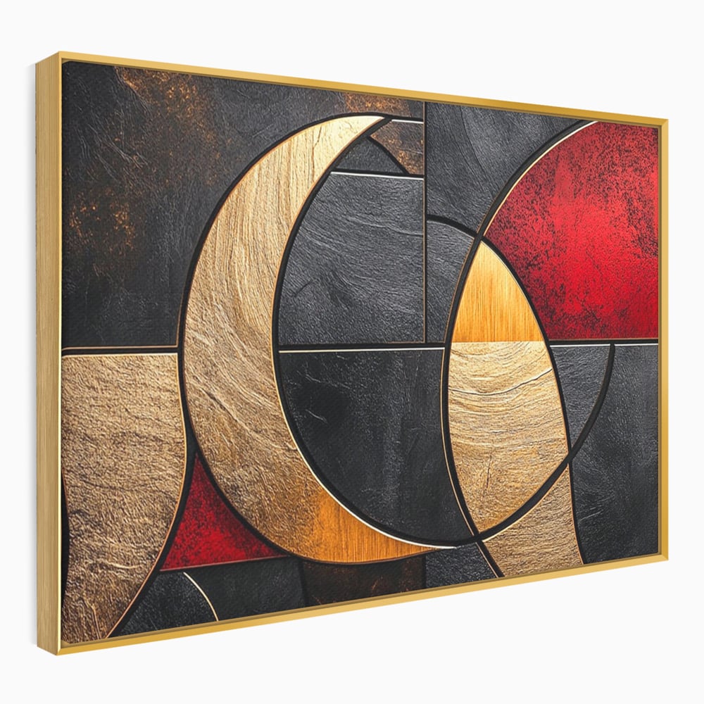 Tablou Canvas Premium, LuxCanva® C1307, Aurul Noptii, Geometrie, Culori, Abstract, Auriu, Cerc, Arc, Linii, Rosu, Asimetrie, Colectie, Galerie, Expresiv, Premium, Visare, Birou, Living, Dormitor