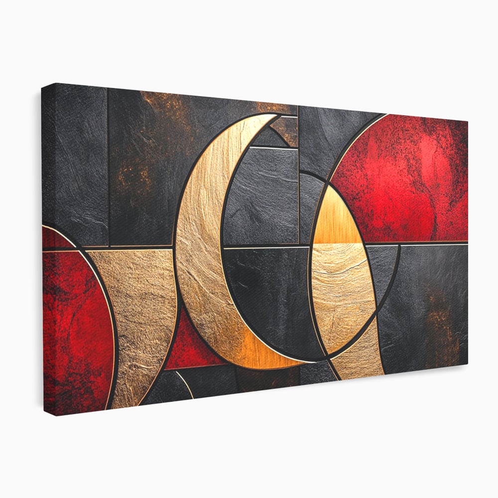 Tablou Canvas Premium, LuxCanva® C1307, Aurul Noptii, Geometrie, Culori, Abstract, Auriu, Cerc, Arc, Linii, Rosu, Asimetrie, Colectie, Galerie, Expresiv, Premium, Visare, Birou, Living, Dormitor
