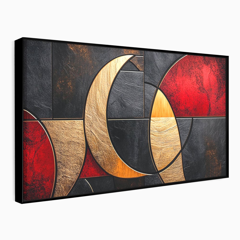 Tablou Canvas Premium, LuxCanva® C1307, Aurul Noptii, Geometrie, Culori, Abstract, Auriu, Cerc, Arc, Linii, Rosu, Asimetrie, Colectie, Galerie, Expresiv, Premium, Visare, Birou, Living, Dormitor