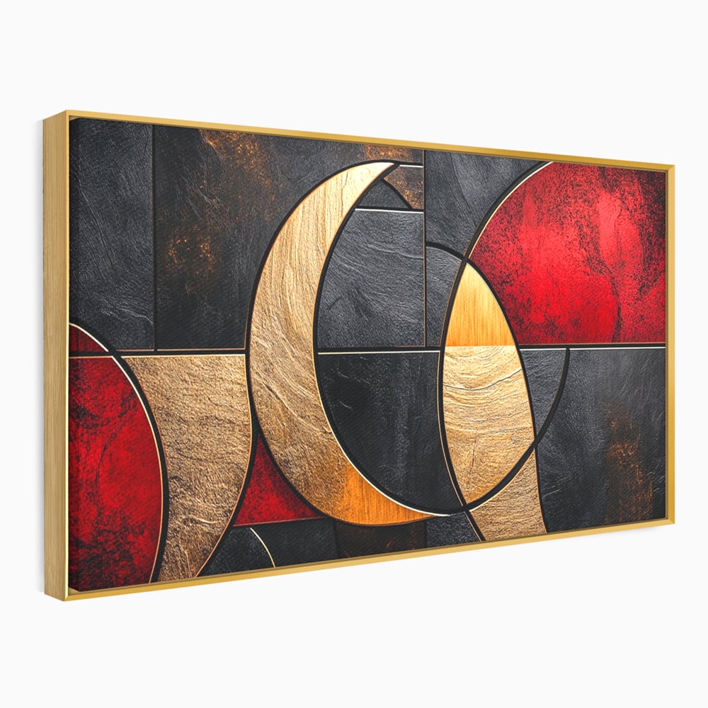Tablou Canvas Premium, LuxCanva® C1307, Aurul Noptii, Geometrie, Culori, Abstract, Auriu, Cerc, Arc, Linii, Rosu, Asimetrie, Colectie, Galerie, Expresiv, Premium, Visare, Birou, Living, Dormitor