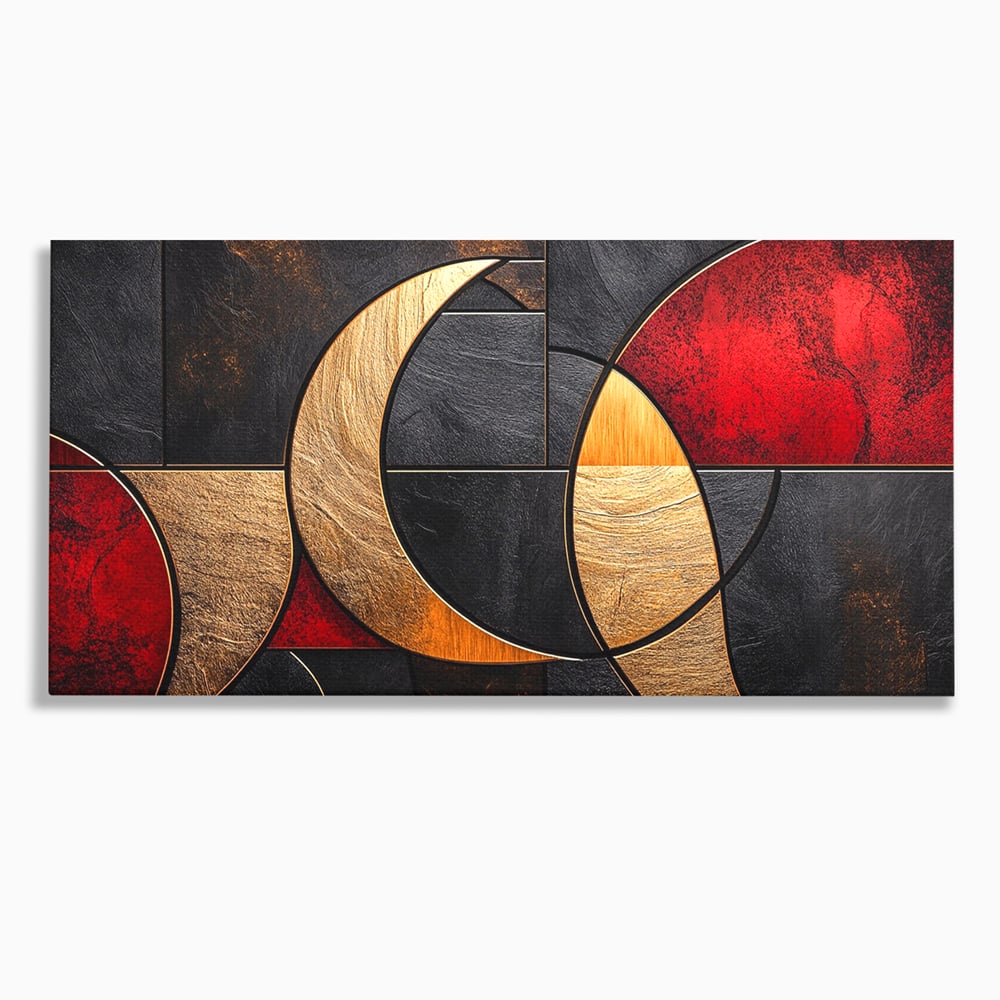 Tablou Canvas Premium, LuxCanva® C1307, Aurul Noptii, Geometrie, Culori, Abstract, Auriu, Cerc, Arc, Linii, Rosu, Asimetrie, Colectie, Galerie, Expresiv, Premium, Visare, Birou, Living, Dormitor