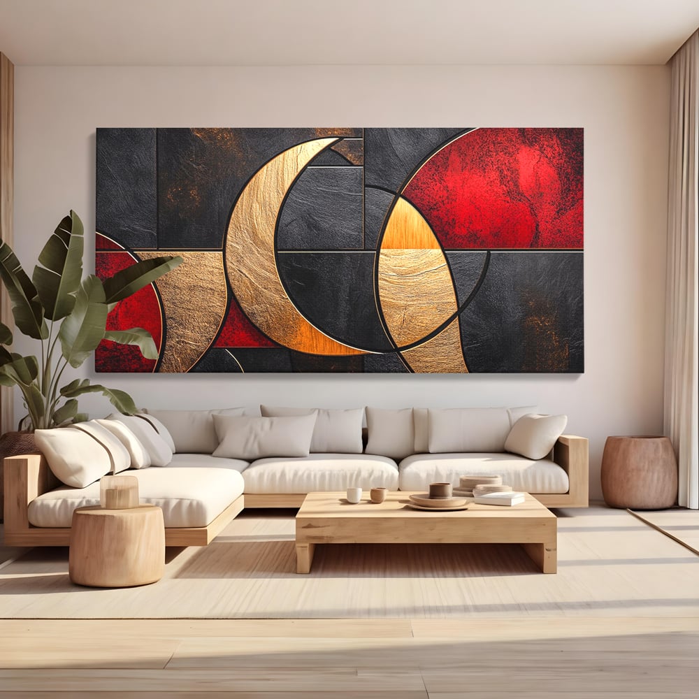 Tablou Canvas Premium, LuxCanva® C1307, Aurul Noptii, Geometrie, Culori, Abstract, Auriu, Cerc, Arc, Linii, Rosu, Asimetrie, Colectie, Galerie, Expresiv, Premium, Visare, Birou, Living, Dormitor