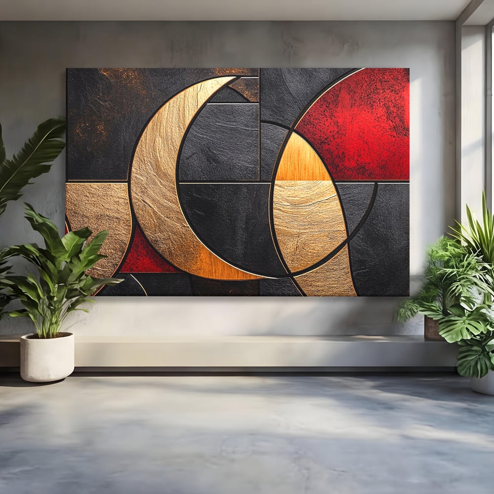 Tablou Canvas Premium, LuxCanva® C1307, Aurul Noptii, Geometrie, Culori, Abstract, Auriu, Cerc, Arc, Linii, Rosu, Asimetrie, Colectie, Galerie, Expresiv, Premium, Visare, Birou, Living, Dormitor