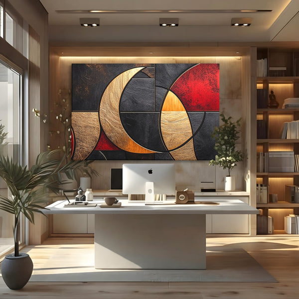Tablou Canvas Premium, LuxCanva® C1307, Aurul Noptii, Geometrie, Culori, Abstract, Auriu, Cerc, Arc, Linii, Rosu, Asimetrie, Colectie, Galerie, Expresiv, Premium, Visare, Birou, Living, Dormitor