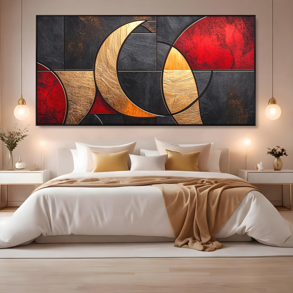 Tablou Canvas Premium, LuxCanva® C1307, Aurul Noptii, Geometrie, Culori, Abstract, Auriu, Cerc, Arc, Linii, Rosu, Asimetrie, Colectie, Galerie, Expresiv, Premium, Visare, Birou, Living, Dormitor