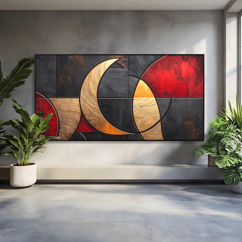 Tablou Canvas Premium, LuxCanva® C1307, Aurul Noptii, Geometrie, Culori, Abstract, Auriu, Cerc, Arc, Linii, Rosu, Asimetrie, Colectie, Galerie, Expresiv, Premium, Visare, Birou, Living, Dormitor