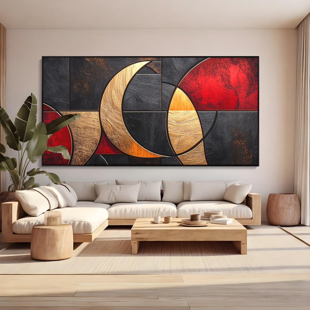 Tablou Canvas Premium, LuxCanva® C1307, Aurul Noptii, Geometrie, Culori, Abstract, Auriu, Cerc, Arc, Linii, Rosu, Asimetrie, Colectie, Galerie, Expresiv, Premium, Visare, Birou, Living, Dormitor