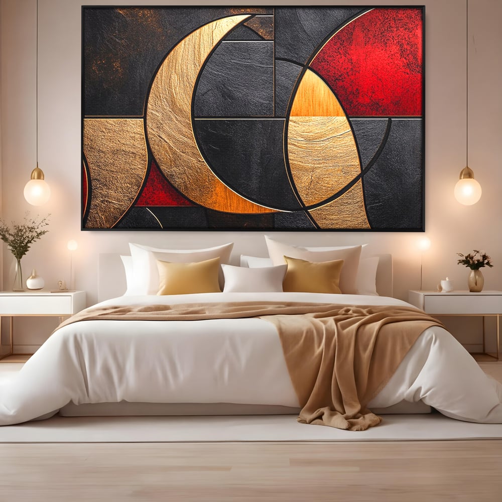 Tablou Canvas Premium, LuxCanva® C1307, Aurul Noptii, Geometrie, Culori, Abstract, Auriu, Cerc, Arc, Linii, Rosu, Asimetrie, Colectie, Galerie, Expresiv, Premium, Visare, Birou, Living, Dormitor