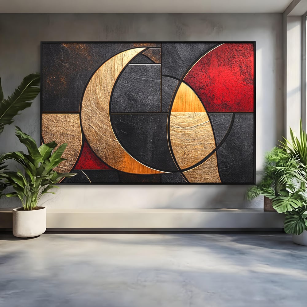 Tablou Canvas Premium, LuxCanva® C1307, Aurul Noptii, Geometrie, Culori, Abstract, Auriu, Cerc, Arc, Linii, Rosu, Asimetrie, Colectie, Galerie, Expresiv, Premium, Visare, Birou, Living, Dormitor