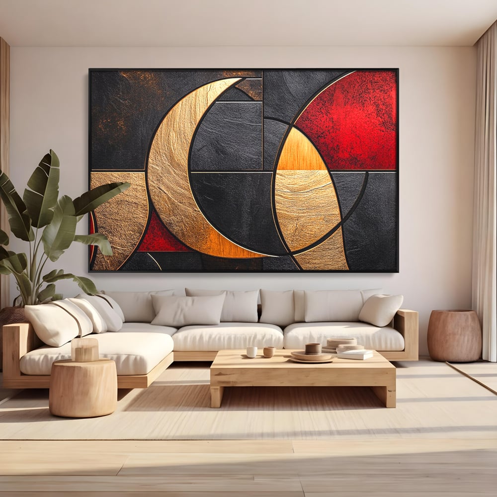 Tablou Canvas Premium, LuxCanva® C1307, Aurul Noptii, Geometrie, Culori, Abstract, Auriu, Cerc, Arc, Linii, Rosu, Asimetrie, Colectie, Galerie, Expresiv, Premium, Visare, Birou, Living, Dormitor