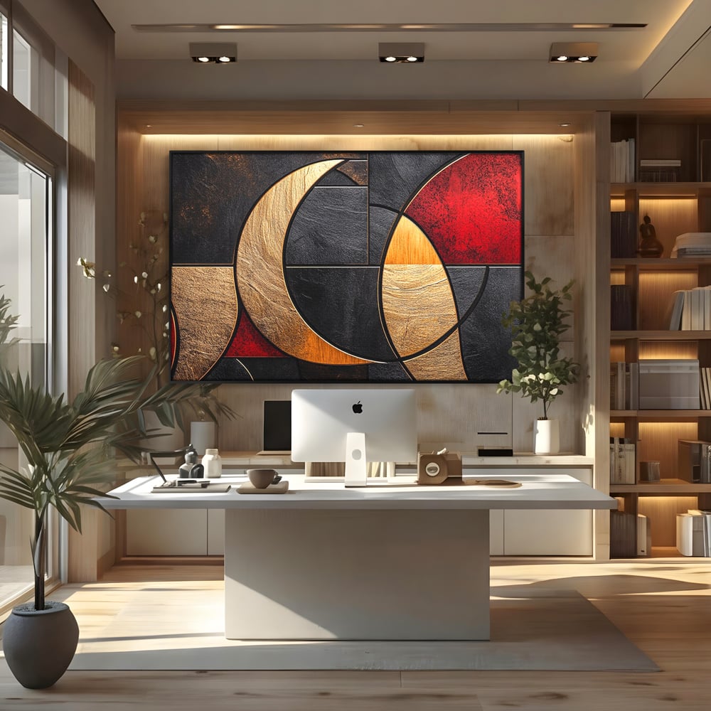 Tablou Canvas Premium, LuxCanva® C1307, Aurul Noptii, Geometrie, Culori, Abstract, Auriu, Cerc, Arc, Linii, Rosu, Asimetrie, Colectie, Galerie, Expresiv, Premium, Visare, Birou, Living, Dormitor