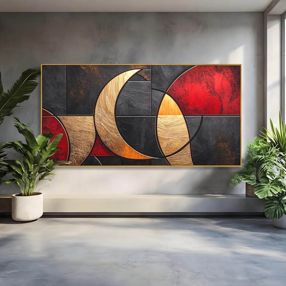Tablou Canvas Premium, LuxCanva® C1307, Aurul Noptii, Geometrie, Culori, Abstract, Auriu, Cerc, Arc, Linii, Rosu, Asimetrie, Colectie, Galerie, Expresiv, Premium, Visare, Birou, Living, Dormitor